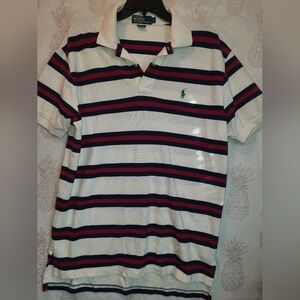 Ralph Lauren Men's Polo Shirt - White, Navy, Red Stripes. Size Large